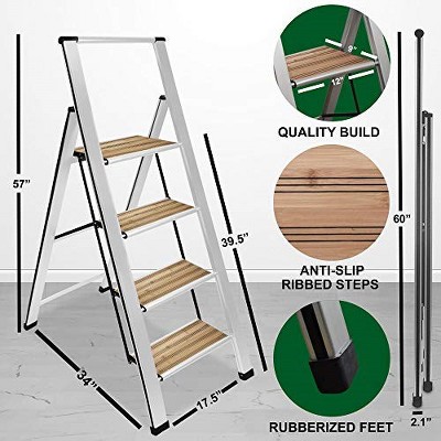 Slim 4-Step Silver and Bamboo Aluminum Folding Ladder