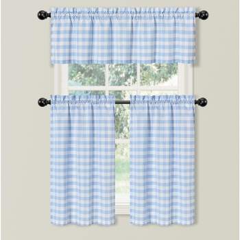 Kate Aurora Living Country Farmhouse Blue Plaid Gingham 3 Pc Kitchen Curtain Tier & Valance Set - 56 in. W x 36 in. L