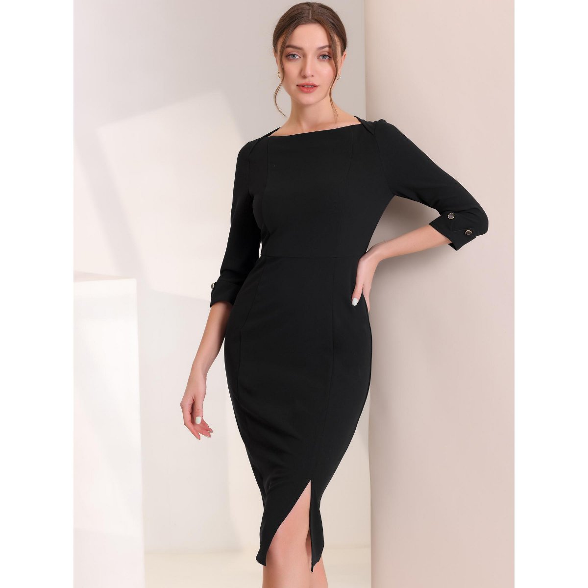 Женские платья INSPIRE CHIC Women's Elegant Boat Neck 3/4 Sleeves Work Midi Split Sheath Dress 2 Packs Black/White X-Small — фото 2