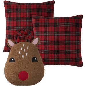 Mina Victory Holiday Plaid Faux Shearling Reindeer 3 Piece Set Indoor Throw Pillows - 1 of 4