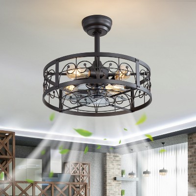 Airsurfer 20" Black Caged Ceiling Fan with Light, 7 ABS Blades, 4 E26 Sockets, DC Motor, Remote Control, 6 Speeds, 4"&8" Downrods Included