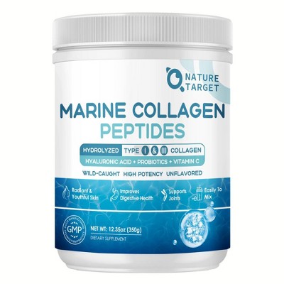 NATURE TARGET Marine Collagen Peptides Powder - Type I III Collagen with Probiotics, Vitamin C & Hyaluronic Unflavored 35 Servings
