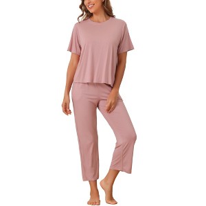cheibear Women's Short Sleeve Top with Pants Pajama Sets - 1 of 4