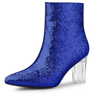 Allegra K Women's Zip Closure Pointed Toe Clear Block Heel Halloween Glitter Ankle Booties - 1 of 4