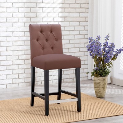 Brown Linen Upholstered Button Tufted Counter Stool with Wood Legs