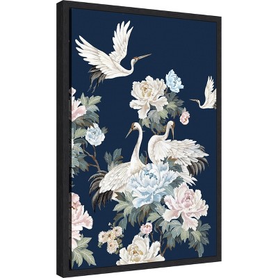 Pearly White Cranes on Navy Canvas Wall Art Print