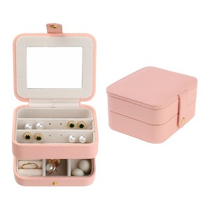 Unique Bargains PU Leather 2 Layer Storage Display Holder Jewelry Box with Mirror and Removable Jewelry Tray for Women - 1 of 4