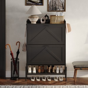 CuisinSmart Farmhouse Shoe Storage Cabinet with Metal Legs, Narrow Hidden Shoe Rack with 2 Flip Drawers, Shoe Organizer for Entryway, Black - 1 of 4