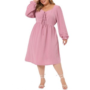 Agnes Orinda Women's Plus Size Swiss Dots Sweetheart Bow Tie Long Sleeve Swing Ruffle Casual Babydoll Midi Dress - 1 of 4