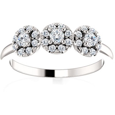 Pompeii3 1/2 Ct Three Stone Lab Created Diamond Halo Engagement Ring White Gold