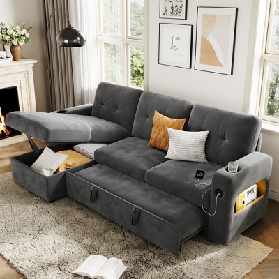 Garvee Sleeper Sofa Couch，Convertible Pull Out Sofa Bed with Storage, Charging, Led Lights, L-Shaped Sectional Sofa for Living Room