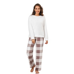 Women's Pink Fuzzy Knit Sweater & Plaid Pants Pajama Set - Cupshe - 1 of 4
