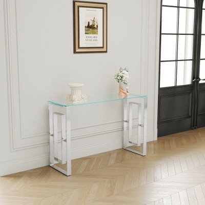 CENGHU Modern Entryway Console Table with Stainless Steel Glass, Meal Side Table Clear Sofa Table, End Side Table for Hallway, Entryway, Living Room