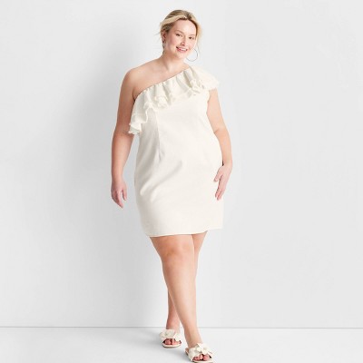 Women's Asymmetrical Ruffle Denim Mini Dress -  Future Collective™ with Jenny K. Lopez Cream 30