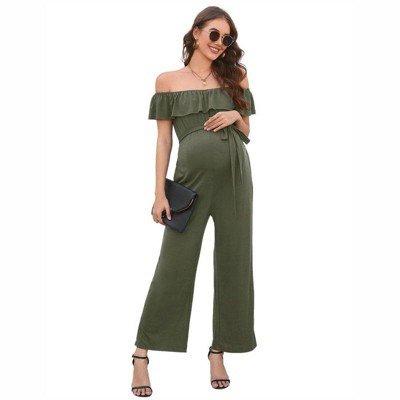 Coolmee Womens Off Shoulder Maternity Jumpsuits Casual Ruffle Sleeves Belted Wide Leg Romper Jumpsuits With Pockets