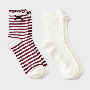 Women's Striped Waffle Knit 2pk Crew Socks with Bow Applique - Auden™ Berry/Ivory/Black 4-10 - 1 of 3