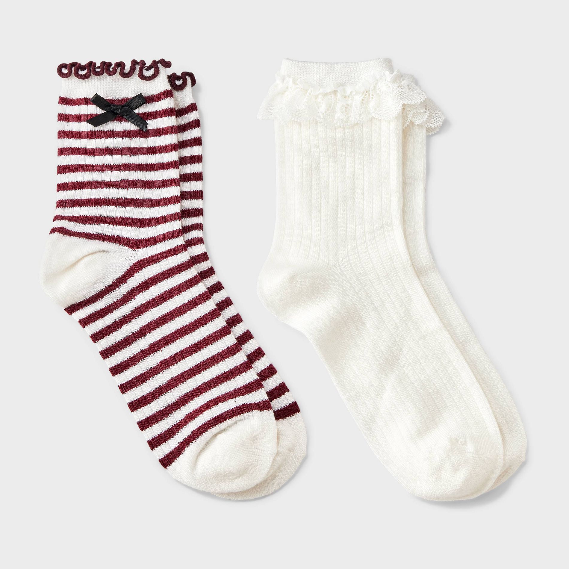 Women's Striped Waffle Knit 2pk Crew Socks with Bow Applique - Auden™ Berry/Ivory/Black 4-10