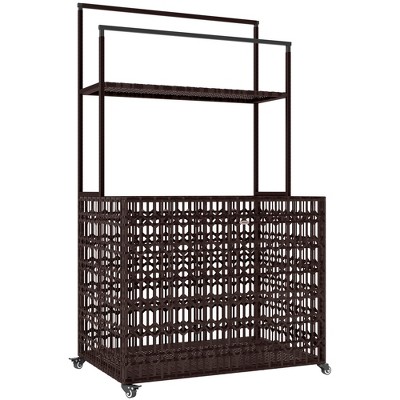 Outsunny Rattan Pool Float Storage Organizer, Wheeled Pool Caddy with Basket Shelf Towel Bars