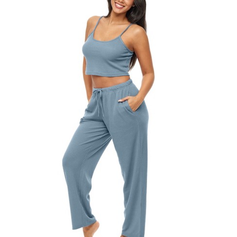 Adr Women's Ribbed Knit Pajamas Set Set With Pockets, Drop