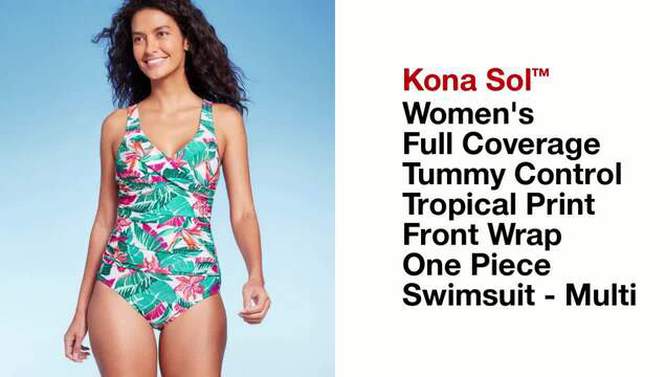 Women's Full Coverage Tummy Control Tropical Print Front Wrap One Piece Swimsuit - Kona Sol™ Multi, 2 of 6, play video