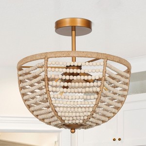 LNC Chodober 3-Light 14.2" Coastal Bowl Beaded Flush Mounts Light, Gold and White with Jute Rope - 1 of 4