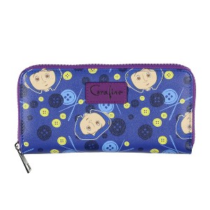 Coraline Womens Buttons and Needles Faux Leather Full Zip Around Wallet Blue - 1 of 4