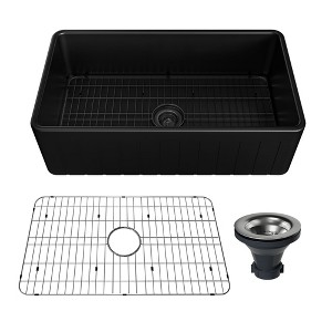 CASAINC 33" Farmhouse Apron Single Bowl Fireclay Kitchen Sink with Grid and Strainer - Reversible Installation - 1 of 4