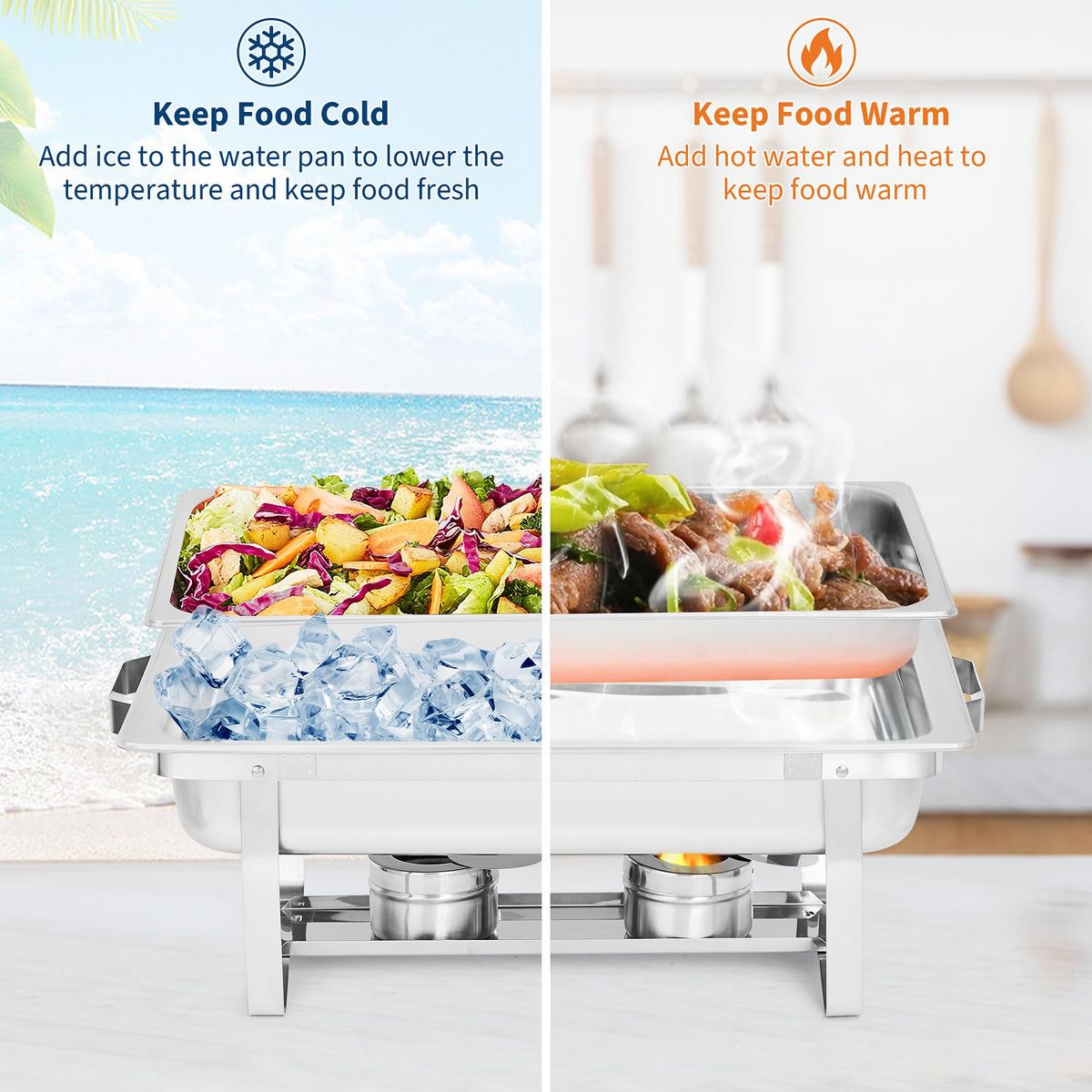 8 Pack Stainless Steel Chafing Dish Set, Includes 8 Qt Rectangle & 5 Qt Round Catering Chafers with Lids, Buffet Food Warmers for Weddings & Events - thumbnail 7