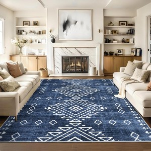 Area Rug, Home Decor Washable Geometric Vintage  Rug - Low Pile Non-Slip Stain Resistant Foldable Distressed Carpet - 1 of 4
