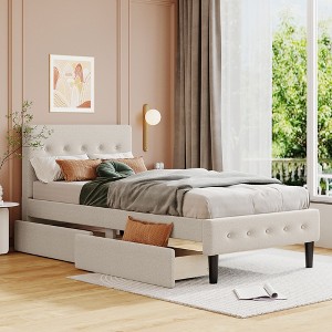 Twin Size Upholstered Platform Bed with 2 Storage Drawers, Twin Wooden Bed Frame for Bedroom - 1 of 4
