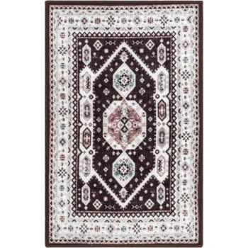 Well Woven Kings Court Kama Black - Non-Slip Rubber Backed Oriental Medallion Rug - Hallway, Entryway & Kitchen - Machine-Washable, Low Looped Pile
