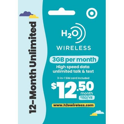 H2O Wireless Unlimited Talk & Text (3GB Data) 12 Month Prepaid Plan - SIM Card Included