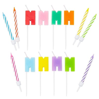  Blue Panda 96-Piece Letter M and Colored Stripes Birthday Cake Candles Set with Holders for Party Decorations 