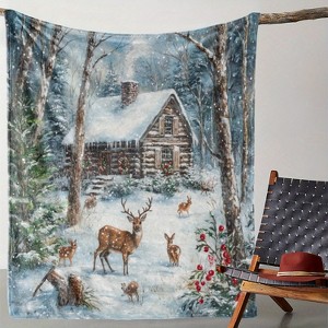 Lomsoe Snowy Cabin and Deer Design Flannel Blanket - All Seasons Soft and Warm Throw Blanket for Napping, Camping, Travel, Office, Home Decor - 1 of 4