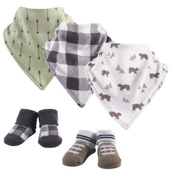 Yoga Sprout Baby Boy Cotton Bandana Bibs and Socks 5pk, Bear, One Size