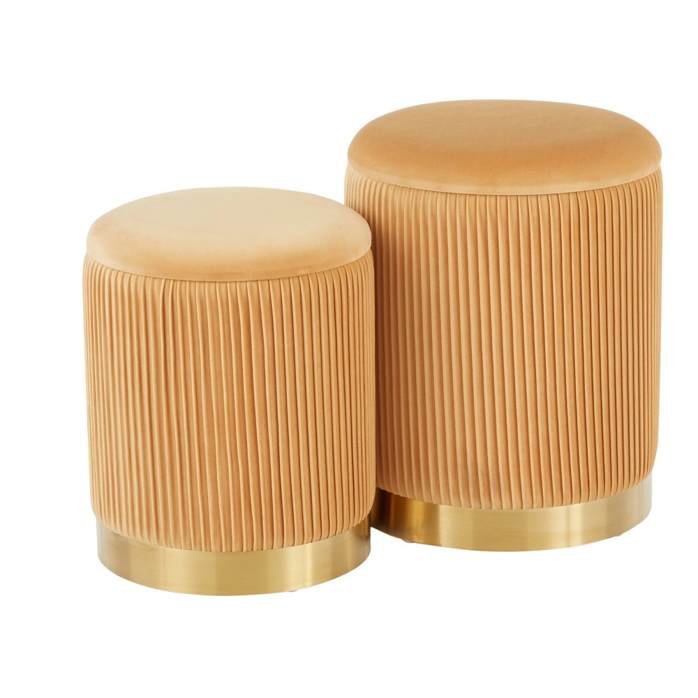 Marla Contemporary Nesting Pleated Ottoman Set Gold/Orange Velvet - LumiSource: Chic Design, Space-Saving, Metal Base
