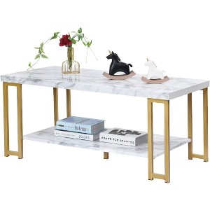 Tangkula Modern Coffee Table Faux Marble Top Accent Cocktail Table w/Gold 2-Tier Side Table w/ Open Storage Shelf - 1 of 4