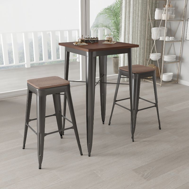 Merrick Lane 3 Piece Bar Table and Stools Set with 23.5" Square Black Metal Table with Wood Top and 2 Matching Bar Stools, 3 of 5