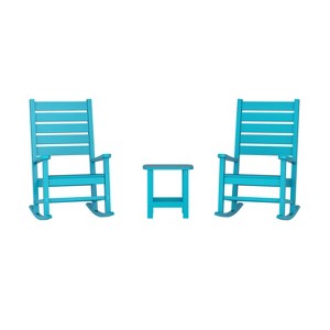 Emma and Oliver Blue 3-Piece Indoor/Outdoor Set with 2 Modern-Style Rocking Chairs with Matching End Table for All-Weather Use - 1 of 4