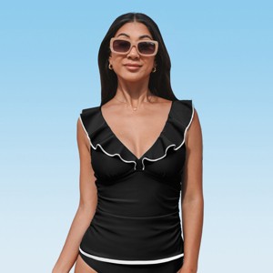 Women's Teal Blue/Black Contrast Trim Ruffled Neckline Tankini Top - Cupshe - 1 of 4