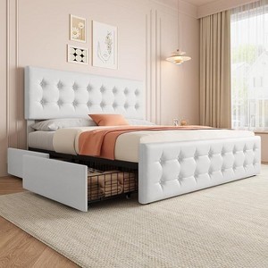 Bed Frame with 4 Storage Drawers & Adjustable Headboard - PU Leather Upholstered Platform Bed, Button Tufted Design - 1 of 4