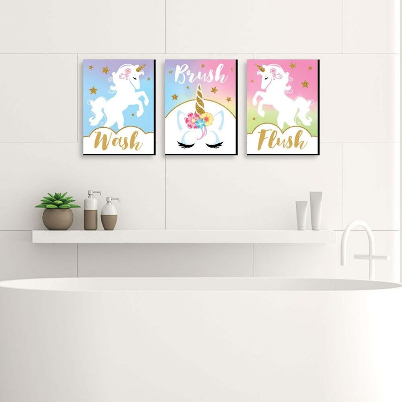 Big Dot of Happiness Rainbow Unicorn - Kids Bathroom Rules Wall Art - 7.5 x 10 inches - Set of 3 Signs - Wash, Brush, Flush, 2 of 8