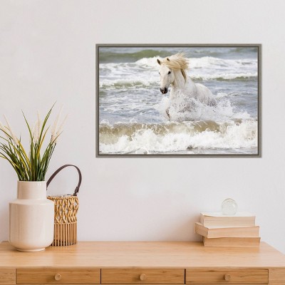 27" x 19" White Horse in Surf Canvas Print
