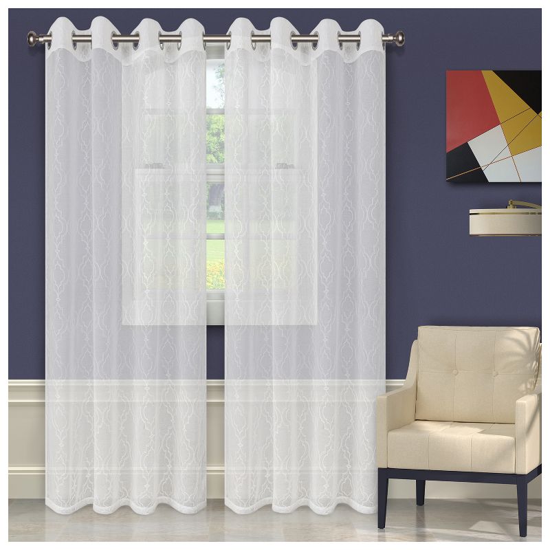 Embroidered Geometric Imperial Trellis Sheer Grommet-Top Curtain Panels by Blue Nile Mills, 1 of 5