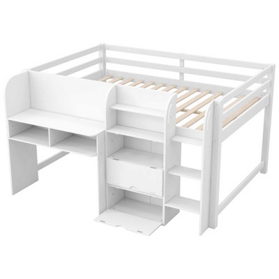 White loft bed frame with built-in desk and shelving from an angle