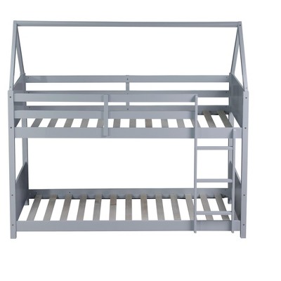Dolonm Twin Over Twin House Floor Bunk Bed with Headboards, Footboards and Guardrails, Ladder