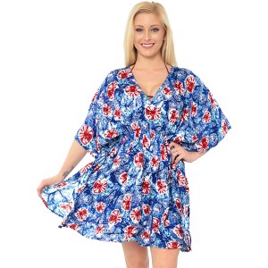 HAPPY BAY Women's Vacation Beachwear Mini Bathing Suit Summer Beach Dress Plus Size Fall Swimsuit Cover Ups 1X-2X Blue Floral - 1 of 4