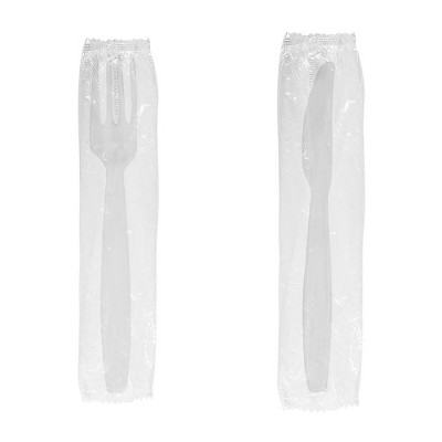 Karat White Polystyrene Plastic Wrapped Heavyweight Disposable Forks and Knives for Restaurants, Diners, and Takeout , 1000 Pack