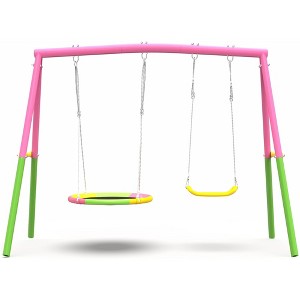 BABYYER Swing Set, Heavy-Duty A-Frame Metal Outdoor Swing Stand with 1 Saucer and 1 Belt Seat Backyard Playground Equipment for Kids & Adults - 1 of 4