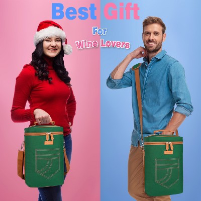 Green Insulated 4-Bottle Wine Cooler Tote Bag with Leather Handles